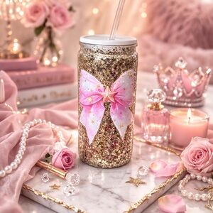 Sparkling Gold Tumbler with Pink Bow